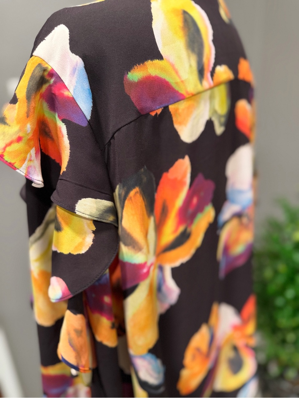 Chico's chiffon botanical Black Floral Ruffle-Sleeve Button Blouse - Picture 10 of 11